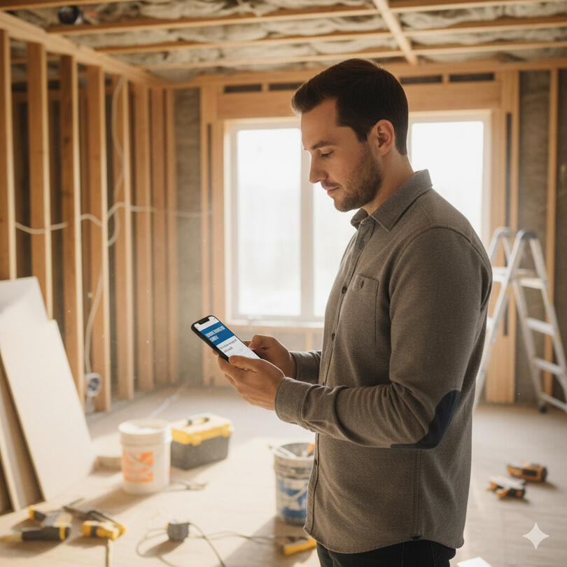 home flipper at job site using phone
